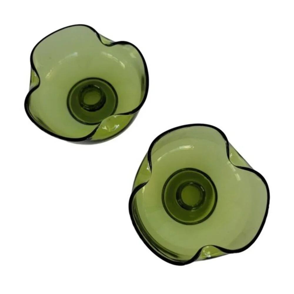Vintage Green Glass Candle Holders Set of 2 Organic Wavy Retro Decor